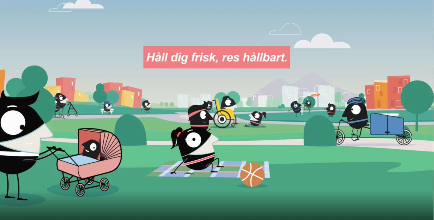 Illustration för Europeiska mobilitetsveckan med texten "Håll dig frisk, res hållbart".