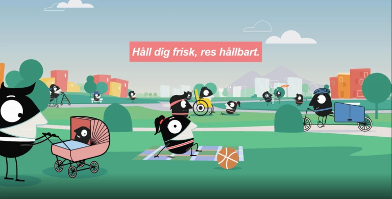 Illustration för Europeiska mobilitetsveckan med texten "Håll dig frisk, res hållbart".