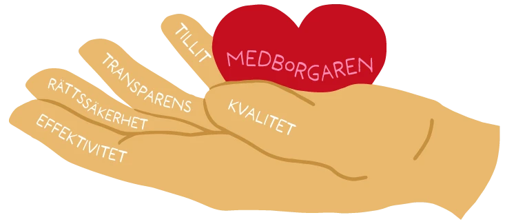 Tecknad hand med ett hjärta i handflatan