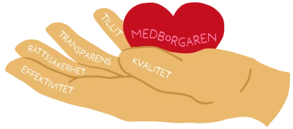 Tecknad hand med ett hjärta i handflatan