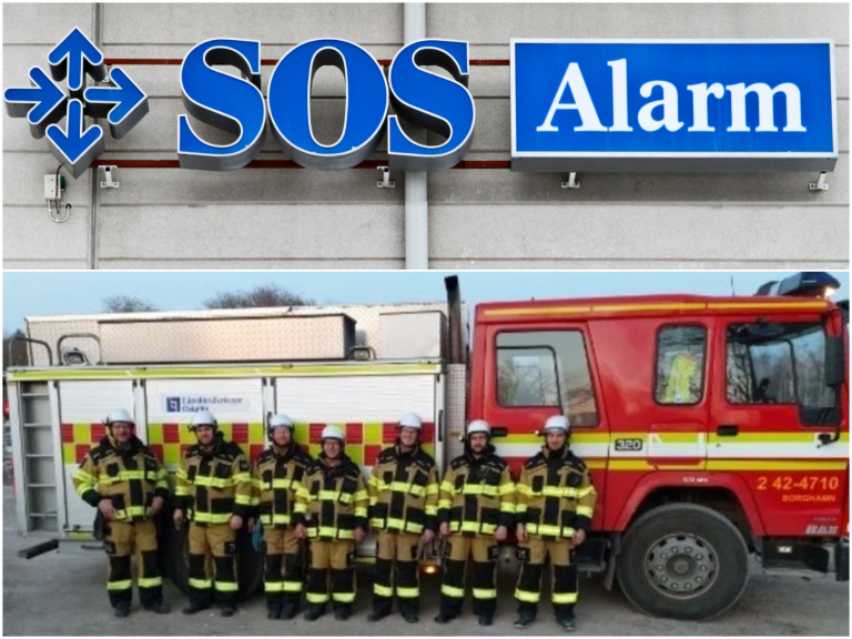 Några ur styrkan i brandvärnet framför en brabdbil, ovanför dem logotypen för SOS Alarm.