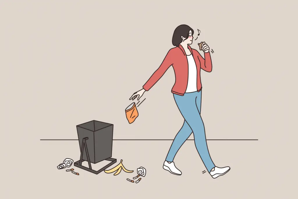 Tecknad bild av kvinna som slänger skräp på gatan