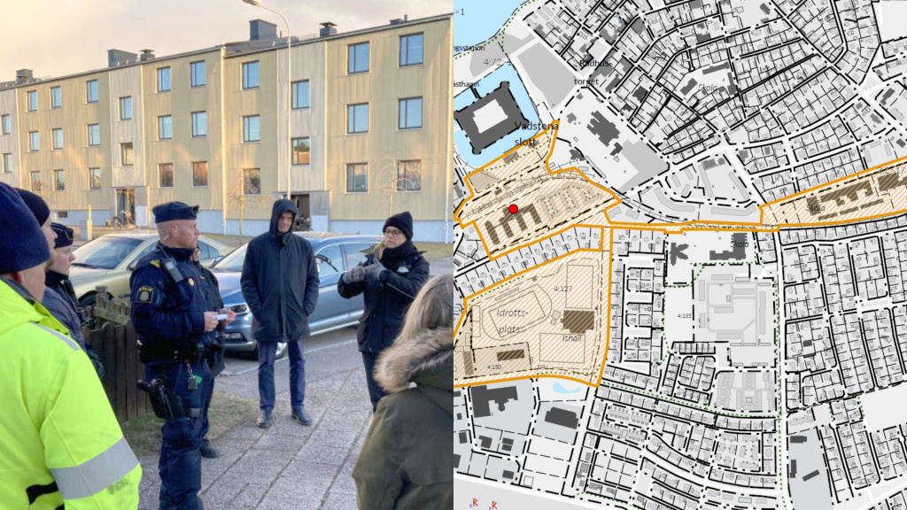 Montage med grupp som står diskuterar i hyreskvarter samt karta över område i Vadstena.