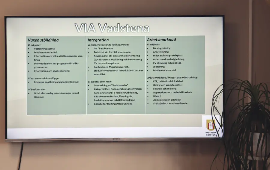 TV-skärm med text där verksamheten på VIA förklaras.