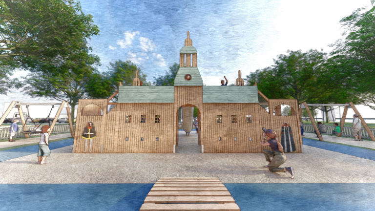 Skiss på lekplatsen med en liten version av Vadstena slott