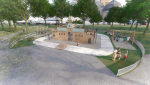 Skiss över den nya lekplatsen, där del är utformad som Vadstena slott