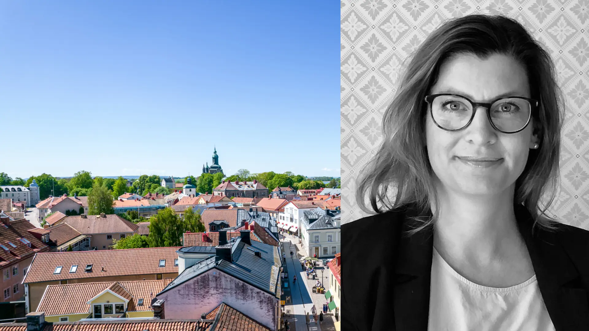 Montage: Porträtt av Rebecka Bäck samt flygvy över Vadstena centrum