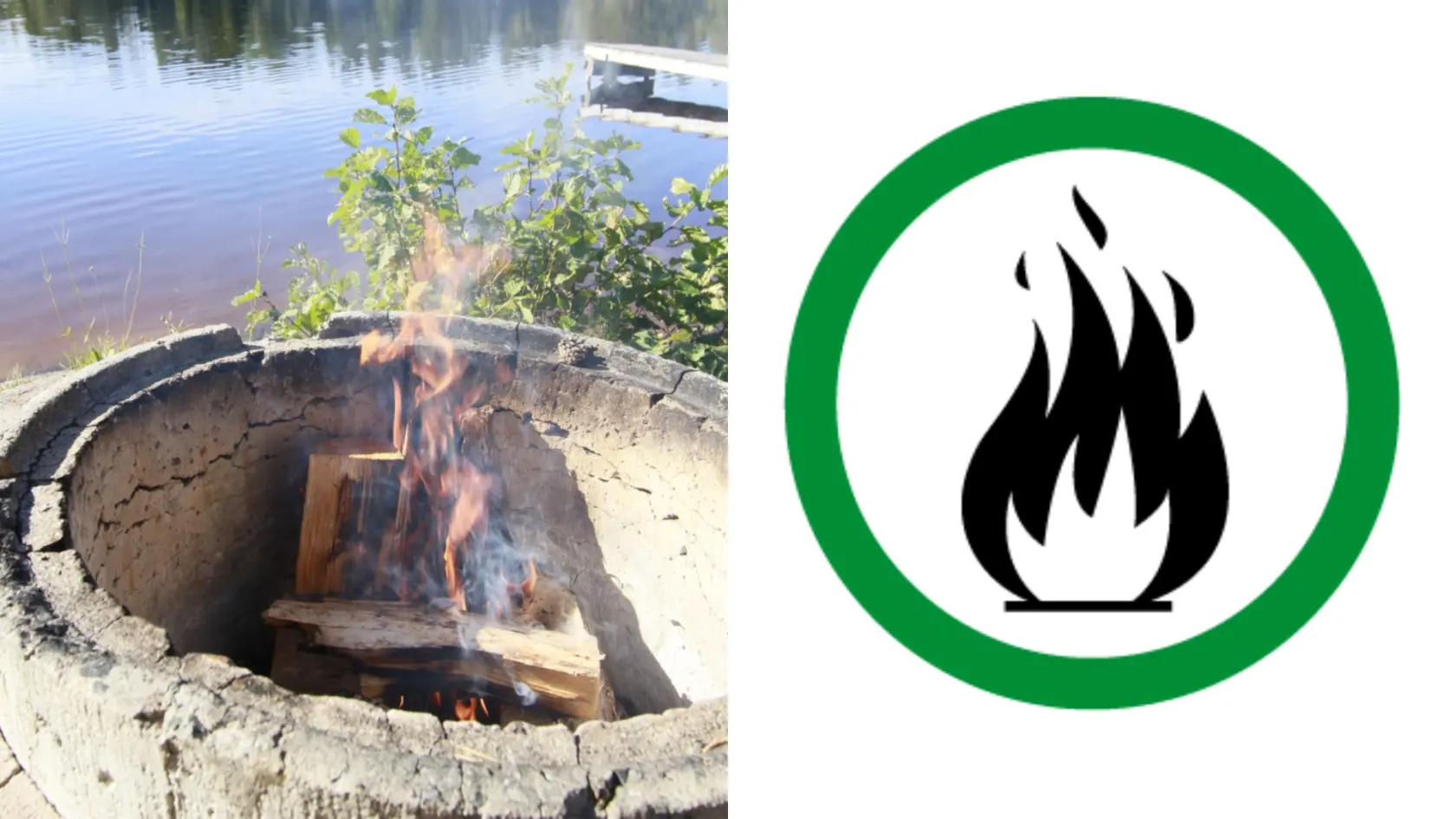 Montage: Eld i betongrör vid grillplats samt symbol för att eldning är tillåten