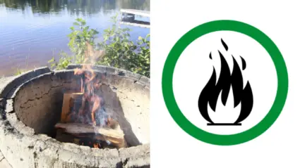 Montage: Eld i betongrör vid grillplats samt symbol för att eldning är tillåten