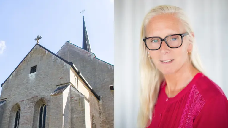 Montage: Bild på Vadstena klosterkyrka och porträttbild av Mia Börjesson