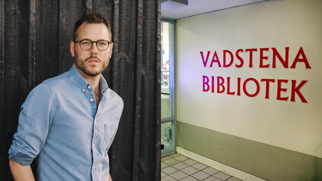 Montage: Marcus Jarl i halvfigur samt entrén till biblioteket