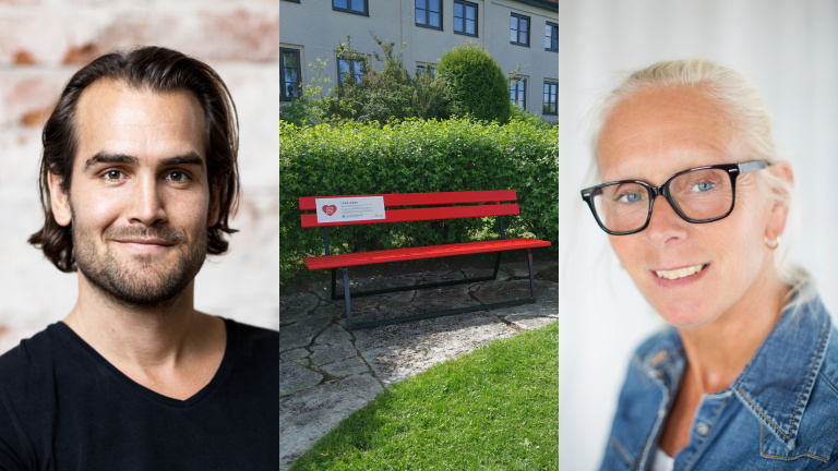 Montage: Porträttbilder på Erik Fernholm och Mia Börjesson samt en bild på den röda länk-bänken