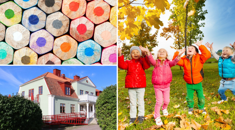 collage med bild på barn som leker i höstlöv, färgpennor samt Dalsgården.