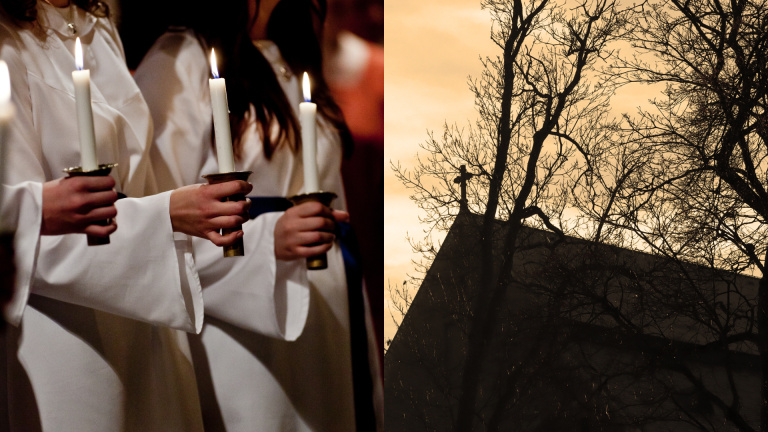Bildmontage: Luciatärnor med ljus i handen samt siluettbild på klosterkyrkan i märker.