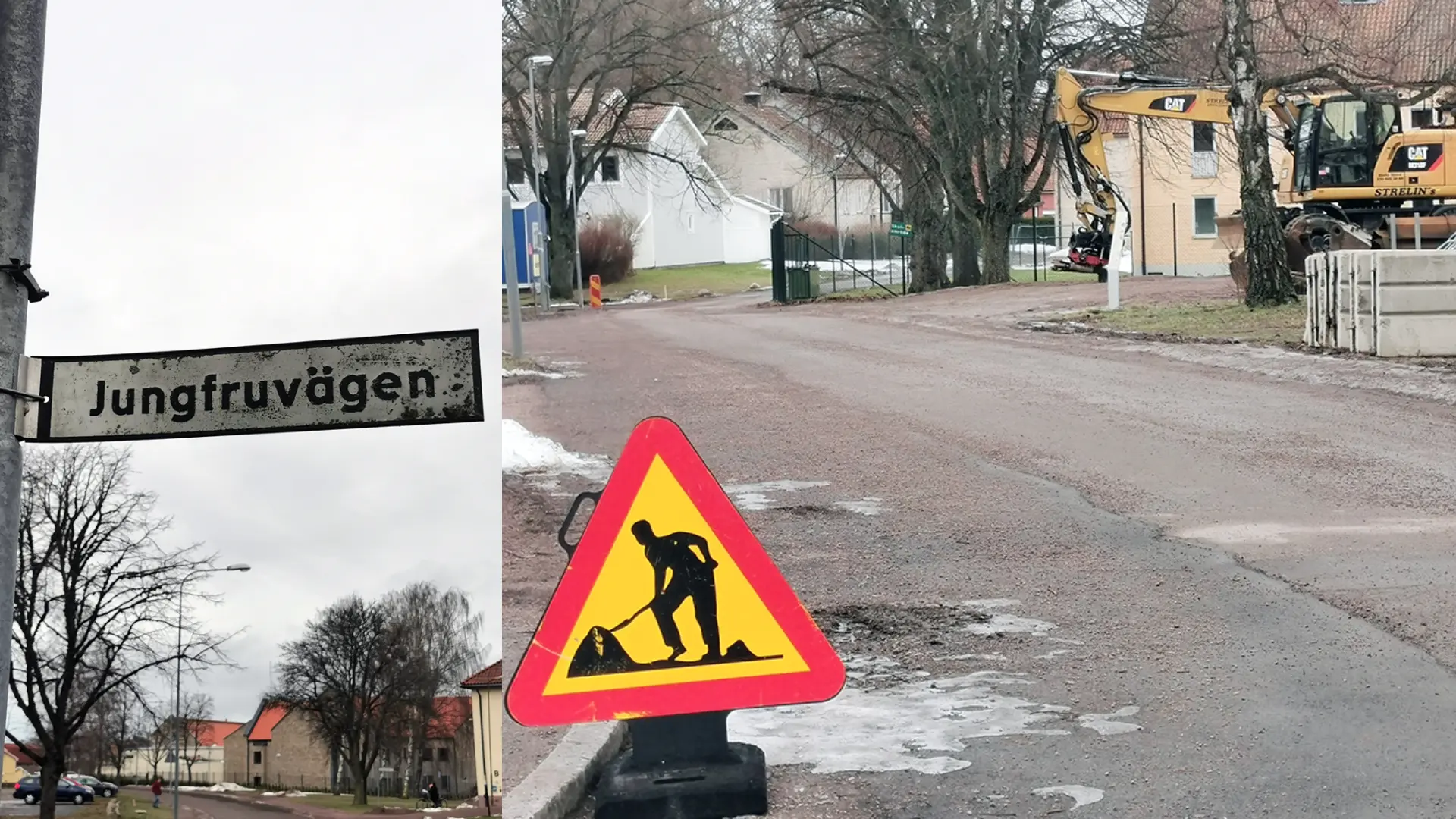Montage: Skylt Jungfruvägen, samt vy över gatan
