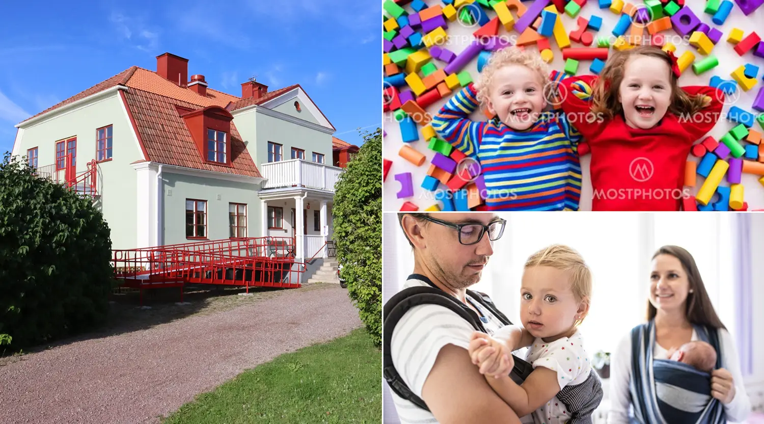Collage, byggnad samt bilder på familj och barn.
