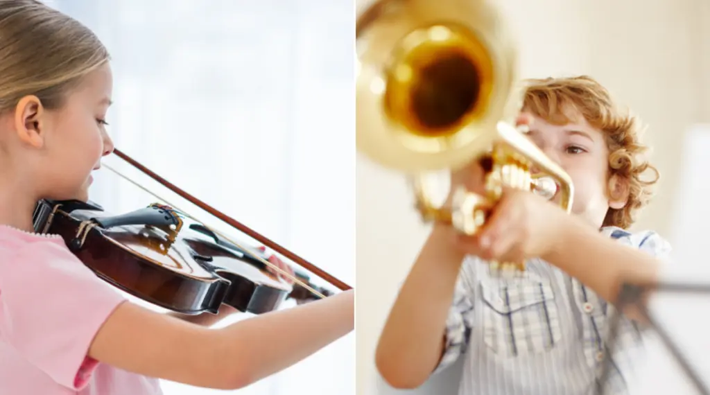 Montage: Flicka som spelar fiol, pojke som spelar trumpet.