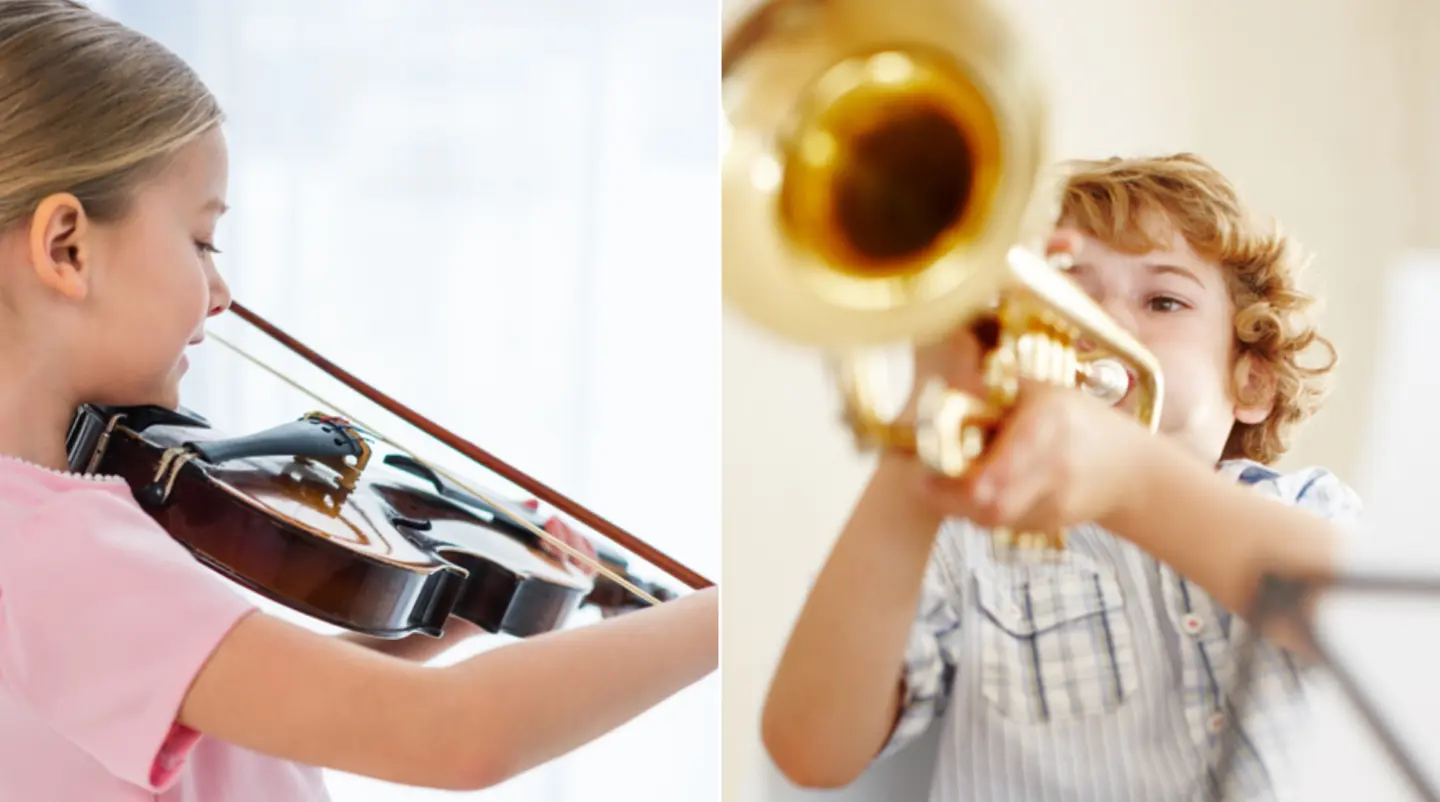 Montage: Flicka som spelar fiol, pojke som spelar trumpet.