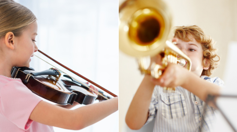 Montage: Flicka som spelar fiol, pojke som spelar trumpet.