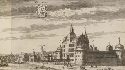 Gammal svartvit teckning av Vadstena slott på 1800-talet