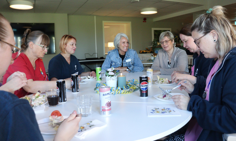 Grupp äter smörgåstårta kring bord