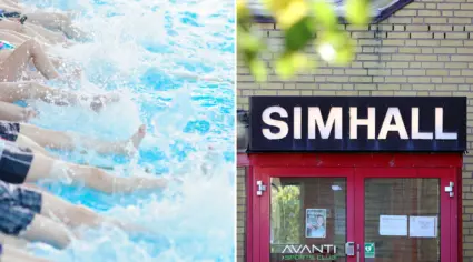 Montage, bild på plaskande fötter i pool och bild på simhallens entré