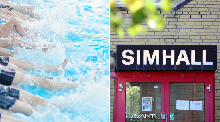 Montage, bild på plaskande fötter i pool och bild på simhallens entré