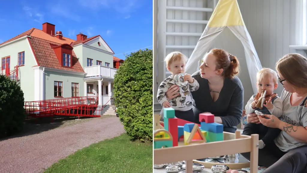 Montage: Bild på Dalsgården samt mammor som leker med barn.