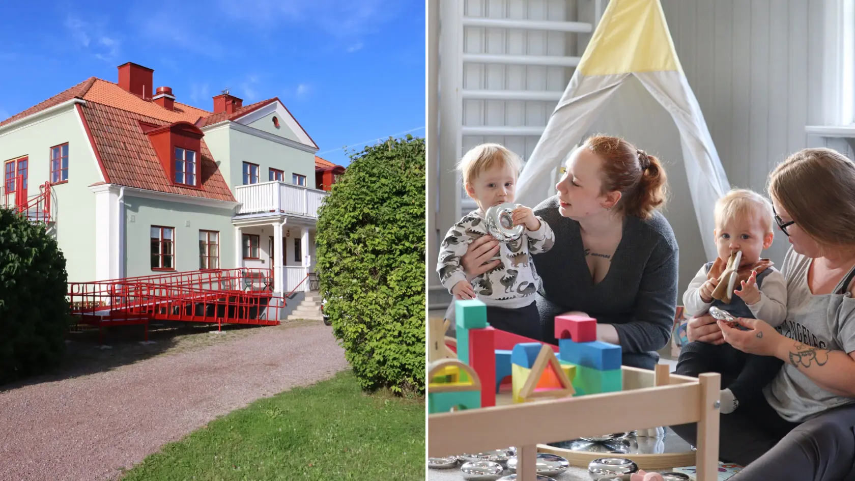 Montage: Bild på Dalsgården samt mammor som leker med barn.
