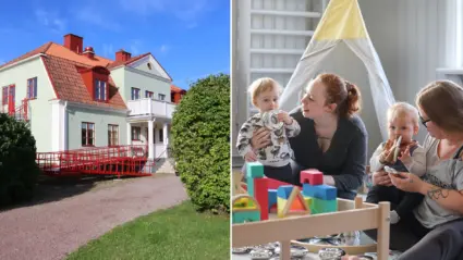 Montage: Bild på Dalsgården samt mammor som leker med barn.