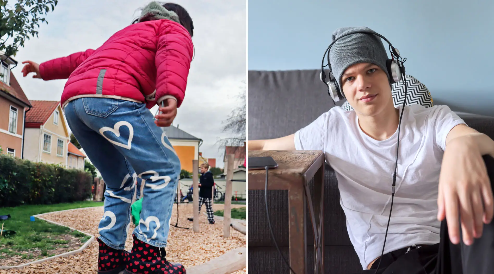 Montage: Flicka balanserar på skolgård, tonårspojke sitter vid säng med lurar.