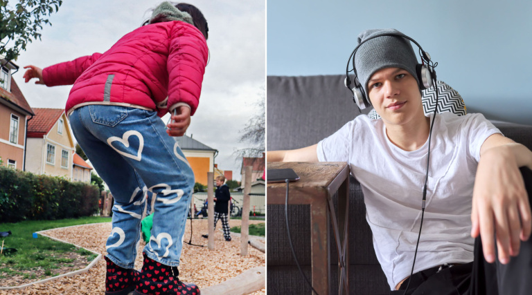 Montage: Flicka balanserar på skolgård, tonårspojke sitter vid säng med lurar.