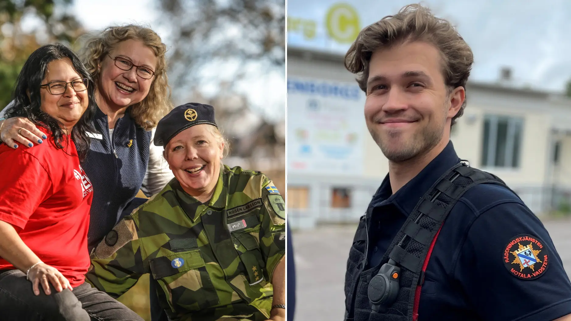 Collage: Tre kvinnor från lottakåren, samt brandman.