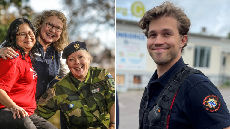 Collage: Tre kvinnor från lottakåren, samt brandman.