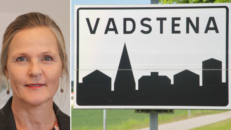 Montage: Porträtt Stina samt bild på Vadstenaskylt
