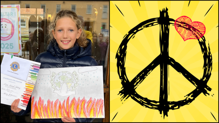 Nora med sin fredsaffisch i handen.