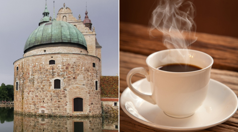 Montage: Kaffekopp och Vadstena slott.
