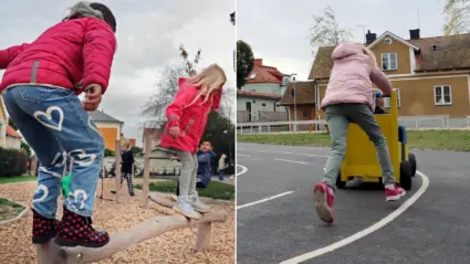 Barn leker på skolgård.